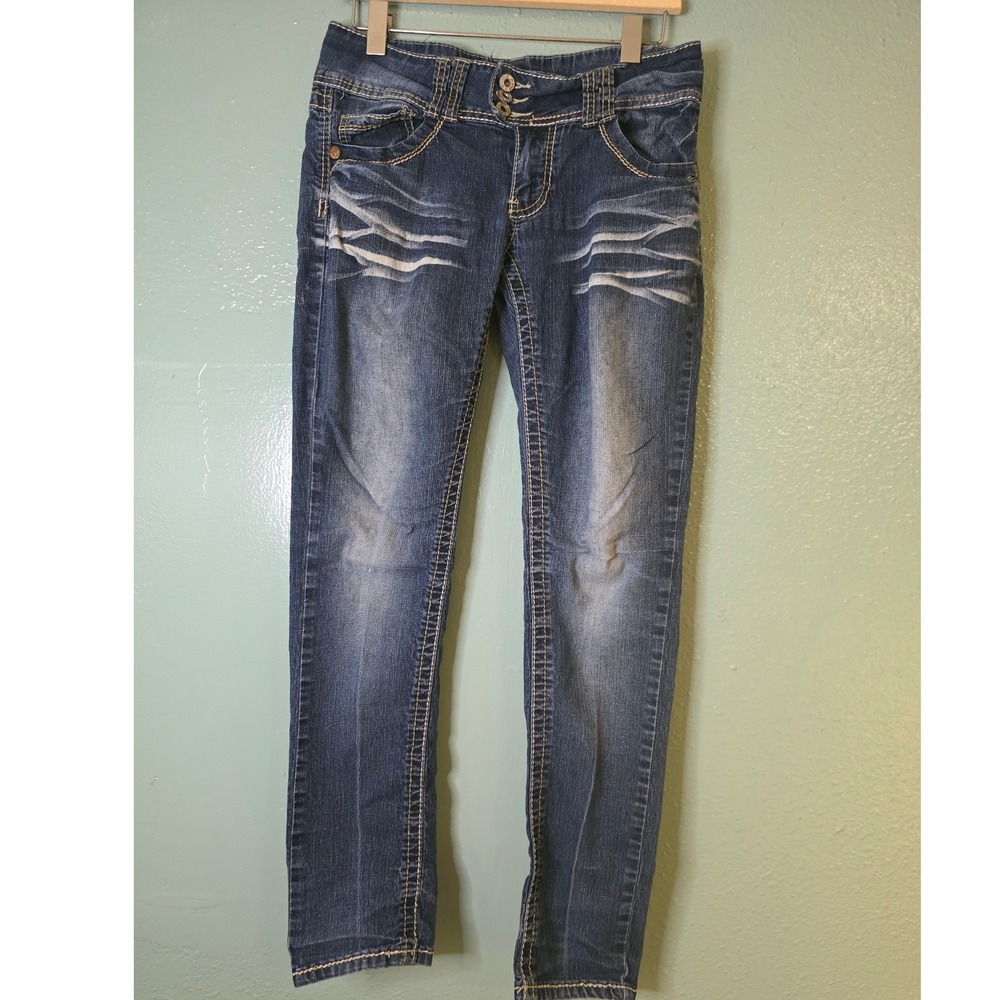 Angels Jeans Medium Wash Contrast Stitch Whiskered Slim Fit 31x31